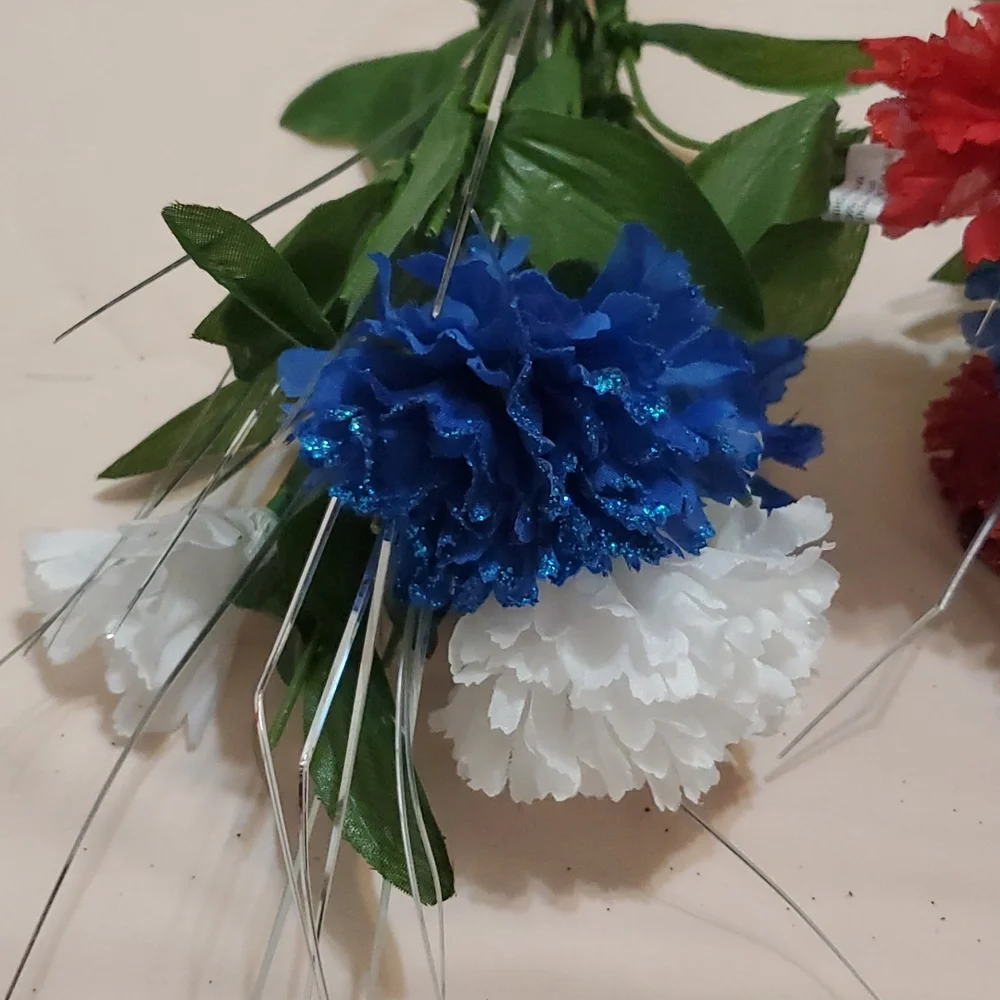 3 Faux Carnations with Silver Decor Bushes